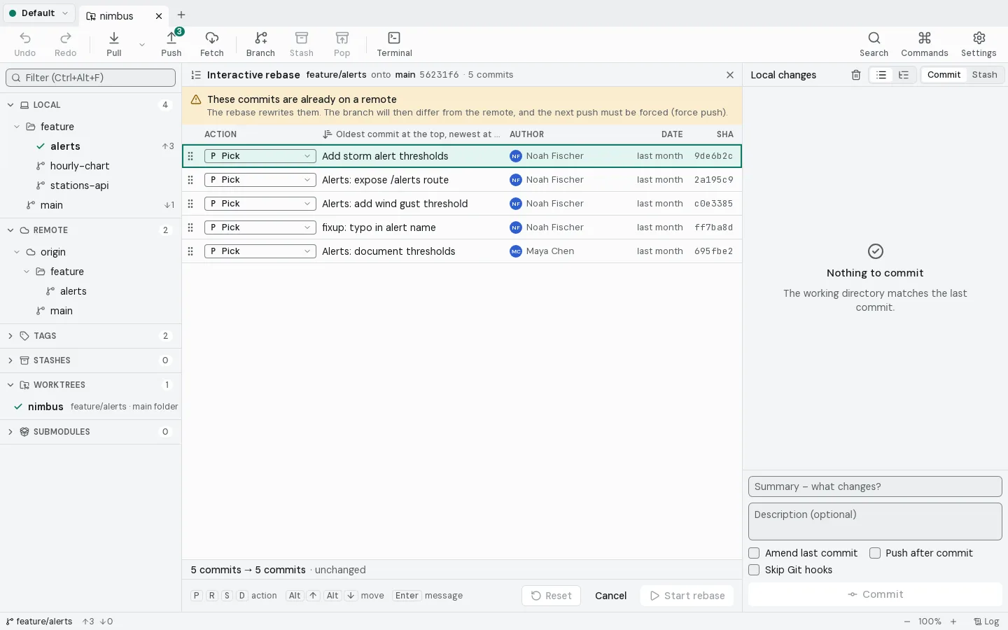 Interactive rebase with pick, reword, squash and drop